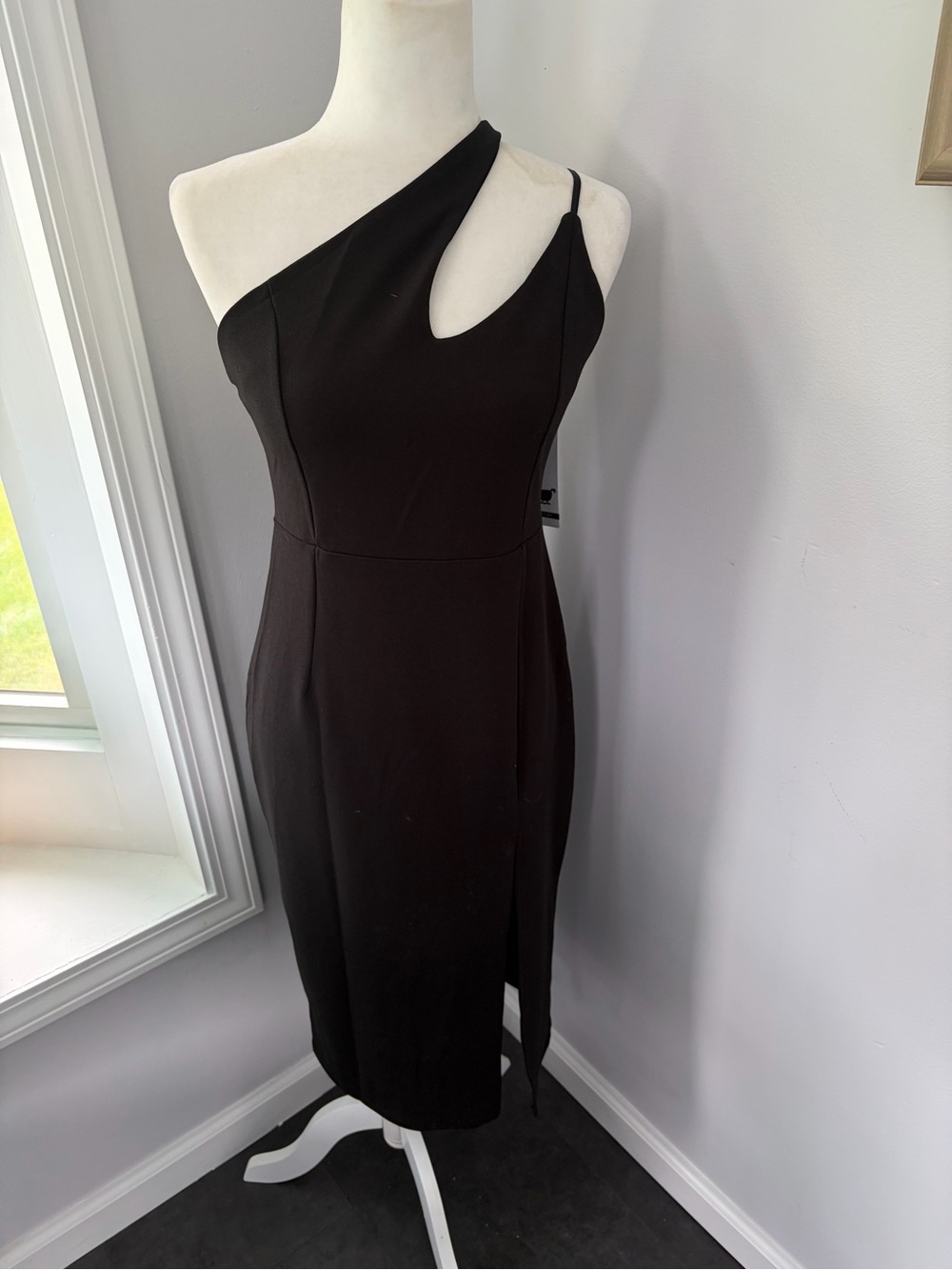 One-Shoulder Cut Out Black Midi Dress, Medium, NWT
